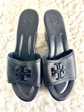 Tory Burch Lowell 80mm tumbled leather wedge slide sandals in black women 8.5